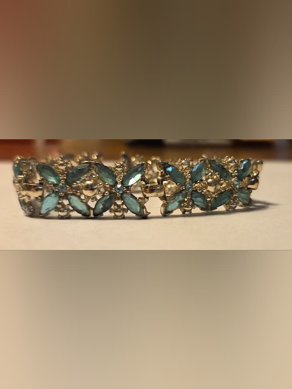 Vintage Gold-Tone Bracelet with Teal Marquise Crystal Accents